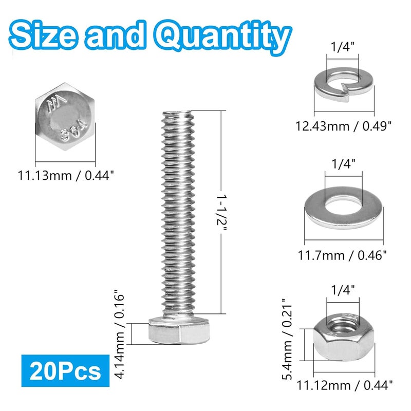 MroMax 20 مجموعة من براغي سداسية الرأس 1/4-20 × 1-1/2" ، صواميل ، غسالات مسطحة وغسالات قفل زنبركية ، ملحقات كاملة الخيوط ، فولاذ مقاوم للصدأ 18-8 (304) ، تشطيب لامع - Image 2